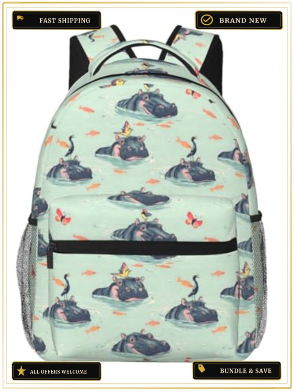 Whimsical Hippo Print Polyester Laptop Backpack Daypack with Padded Straps and